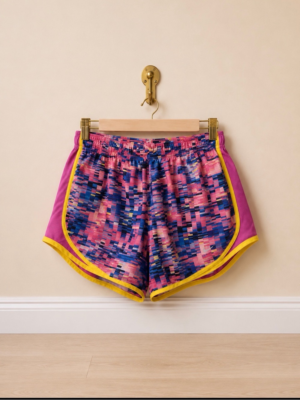 Nike Women’s Pink Mosaic Running Shorts with Yellow Trim L